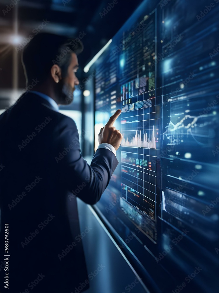 Poster a businessman in a suit interacts with a large screen displaying data and charts.
