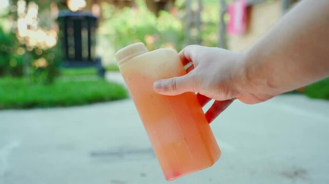Slow-motion shooting of mixing gasoline and oil for a two-stroke engine. Fuel-oil mixture of pink color in a measuring container