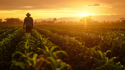Fototapeta premium Farmer walking through cornfield at sunset, agriculture concept, nature, harvest