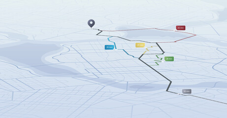 Concept of shortest path to the goal. Abstract navigation plan on city map. Isometric map with intended goal and several paths to destiny. Vector illustration