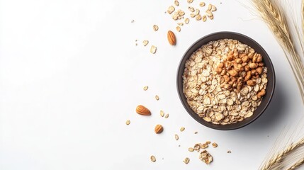 A bowl of cereal and whole grains on a clean white background, leaving space for text on the top half.