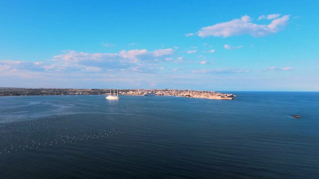Aerial approaching view of the isle of Ortigia in Siracusa (Syracuse), in the East coast of Sicily