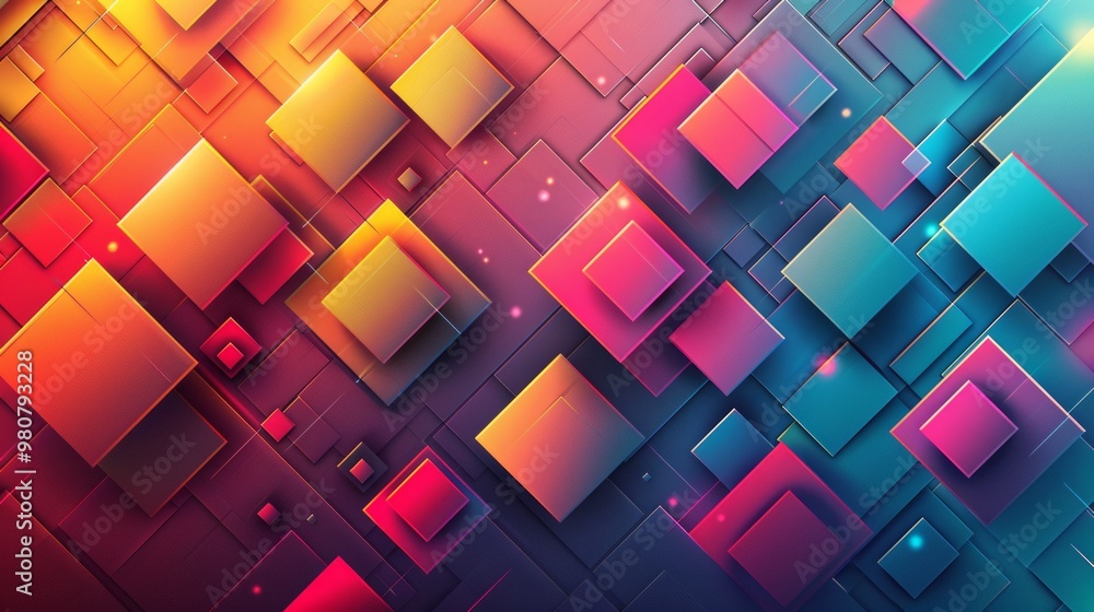 Poster colorful abstract geometric shapes arranged in layers with vibrant hues creating a modern digital ba