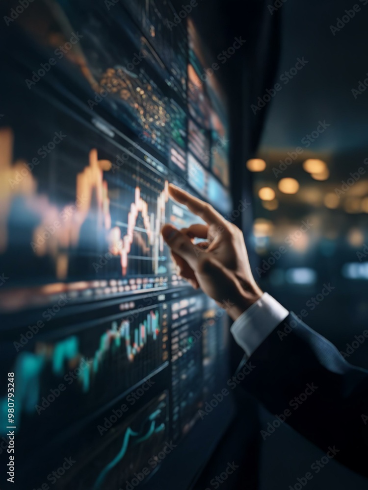 Poster a hand reaches towards a large screen displaying multiple financial charts, with a blurred backgroun