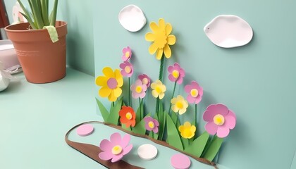 spring flowers and easter eggs on wooden background