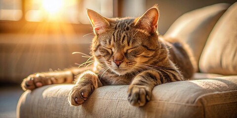 A serene domestic cat stretches out languidly on a plush couch, paws curled, eyes closed, and fur radiant