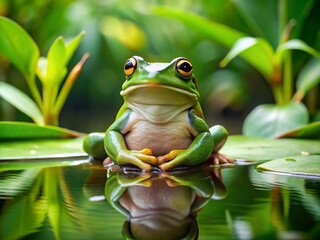 A serene green frog sits cross-legged on a lily pad, eyes closed, hands clasped together in a meditative