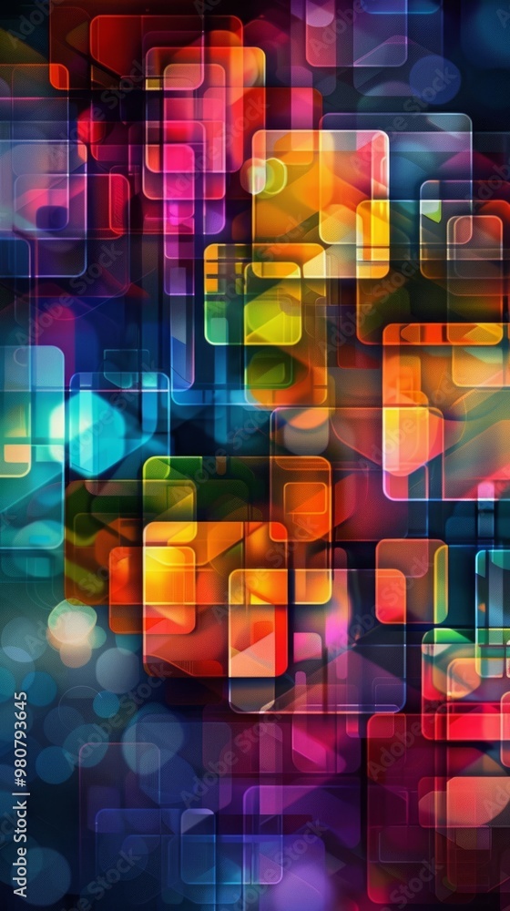 Poster colorful abstract design featuring vibrant overlapping shapes and lights on a dark background
