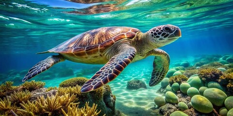 Obraz premium A serene green sea turtle swims slowly through crystal-clear turquoise water, its shell glistening with dew, surrounded
