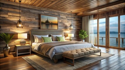 A serene king-sized bed with crisp linen and pillows against a rustic wooden pier wall, surrounded by matching