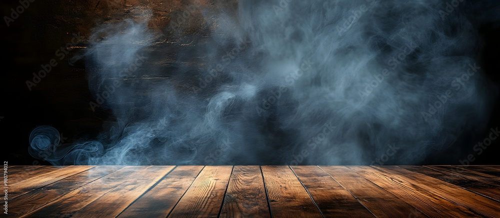 Poster a dark background enhances the visual appeal of an empty wooden table with smoke rising creating an 