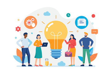 Search for new solution ideas, joint work in the company, brainstorming. Infographics.Online assistant at work, promotion in the network, manager for remote work.Vector illustration of flat characters