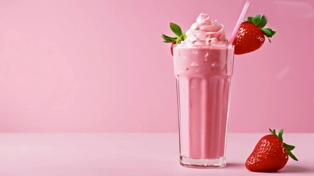 Fresh strawberry smoothie with Paper Straw. Pink tint High quality HD 4K video clips strawberry, drink, smoothie, glass, fruit, cocktail, food, milkshake, juice, berry, milk, beverage