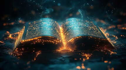 A book is open to a page with a lot of stars and fire. Scene is mysterious and magical