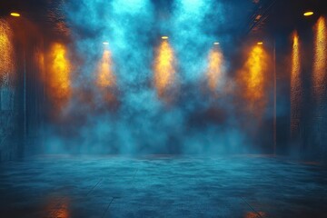 Fototapeta premium atmospheric nightclub stage vibrant blue and yellow lights piercing through hazy air empty anticipation