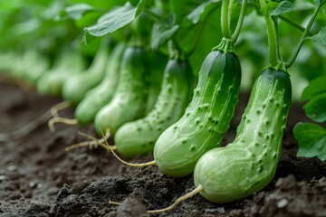 Organic Cucumber Harvest in Garden: Vibrant Green Cucumbers Growing in Fresh Soil - Perfect for Agricultural Design, Farm Marketing, and Nutrition Education