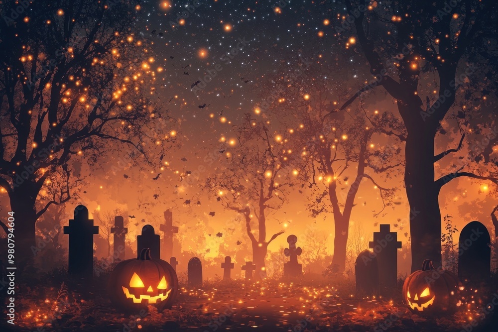 Sticker Background with a starry Halloween night in graveyard halloween atmosphere spooky.