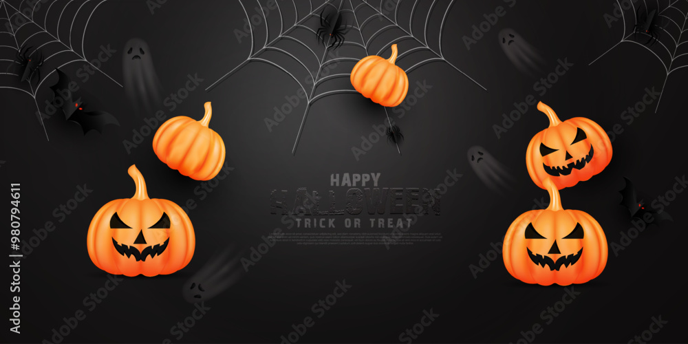 Fototapete Black color realistic Happy Halloween Day Party banner design template. 3D render Halloween day invitation card design with black gradient color. Top view Halloween day banner design illustration. 