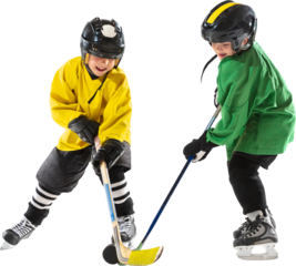 Two young hockey players, children fighting for puck, training, showing skills and focus during game, isolated on transparent background. Concept of sport, childhood, active lifestyle, education