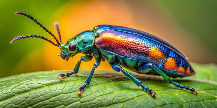 A shiny, iridescent, metallic blue blister beetle with orange spots and a distinctive elongated body perches on a