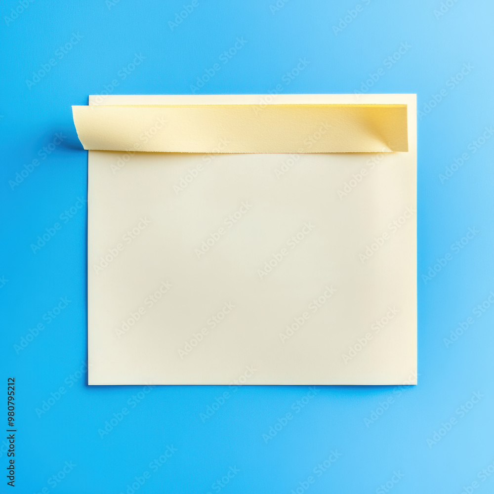 Poster a blank adhesive note with slightly curled edge on blue background, perfect for jotting down message