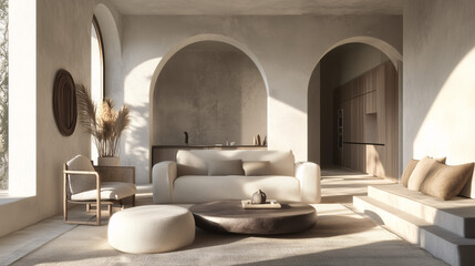 A sophisticated living room featuring layered neutral textures like linen, wool, and stone, with modernist furniture and soft, natural lighting