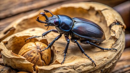 A shiny black stag beetle perches on a cracked open walnut shell, its iridescent wings folded, amidst scattered