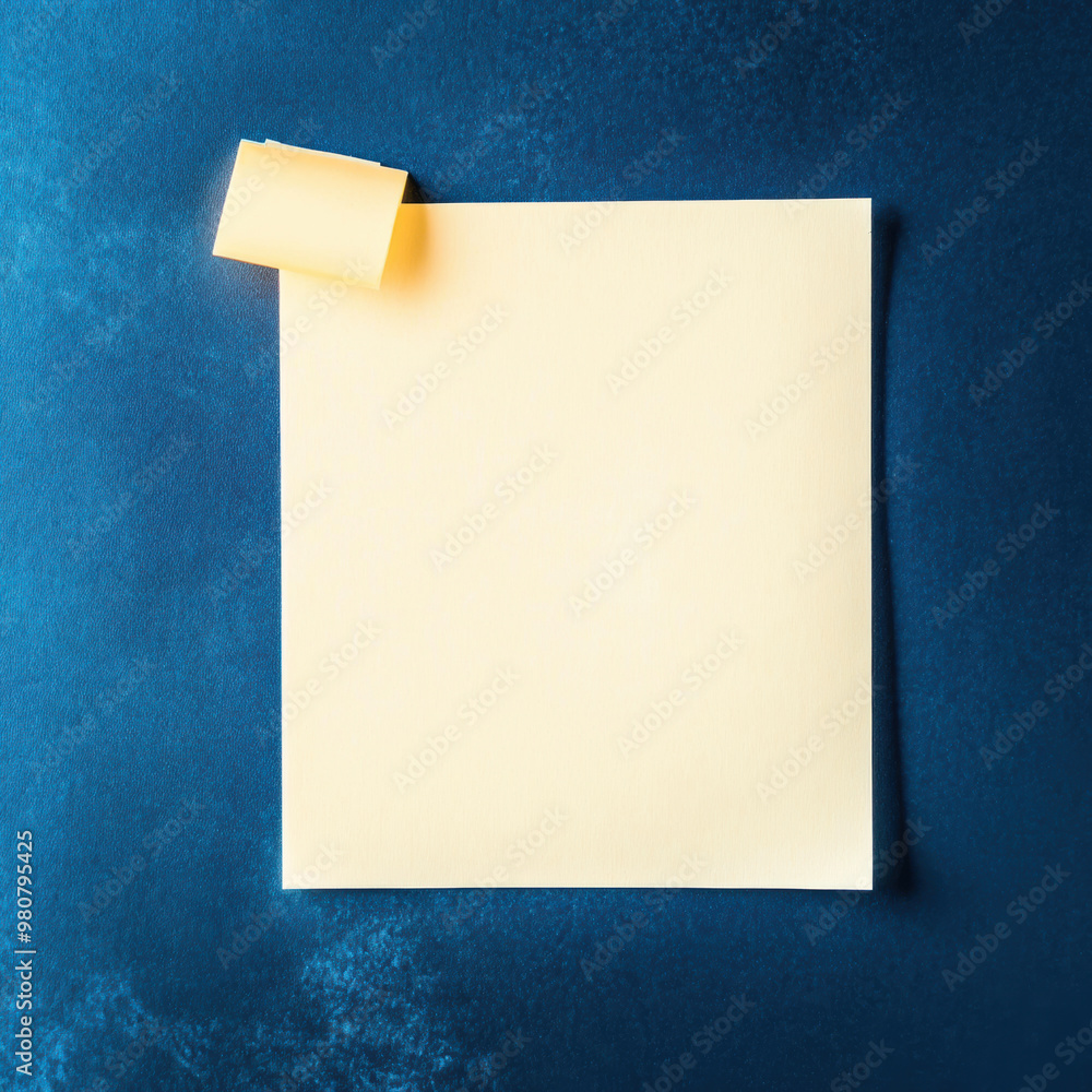 Poster a blank yellow paper sheet with sticky note on blue background creates clean and minimalistic worksp