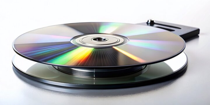 A shiny silver compact disc spins on a black player, its reflective surface capturing light, surrounded by a