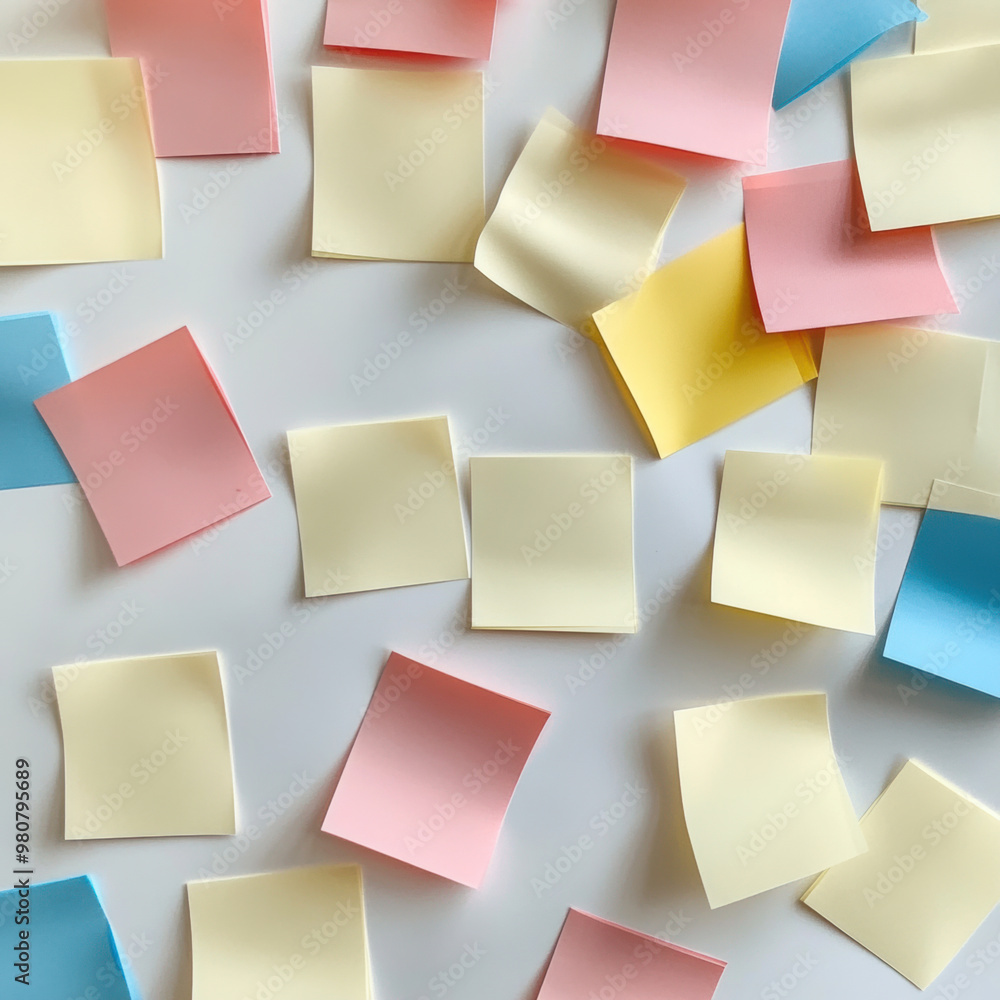 Poster colorful sticky notes scattered on white surface create vibrant and organized workspace. these notes