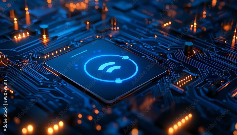 Poster glowing wifi symbol embedded in a circuit board