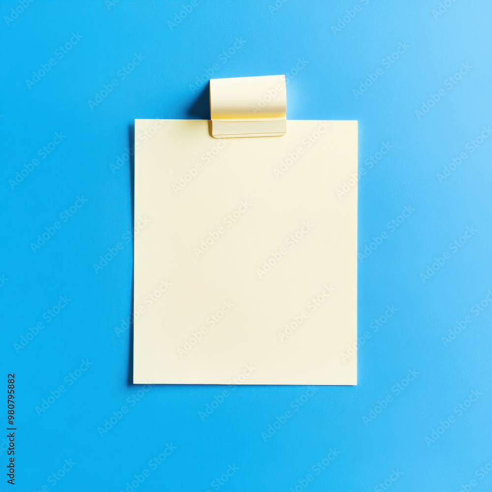 Poster a blank yellow sticky note is placed on vibrant blue background, perfect for jotting down reminders 