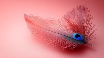 Obraz premium Single pink peacock feather with an iridescent blue eye on a pink background.