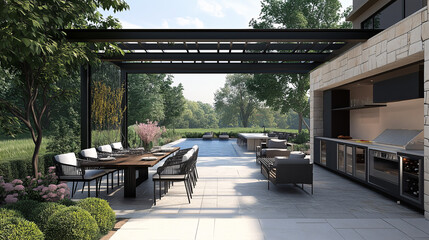 Fototapeta premium A sophisticated outdoor dining space with an infinity pool in the background, modern kitchen setup, and comfortable seating under a pergola