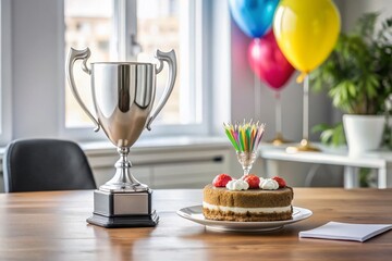 a silver trophy with a cake and balloons on a desk, celebrating nine-plus years of dedication and commitment