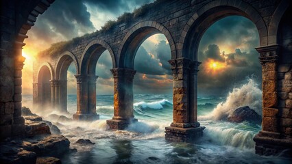 Mysterious seascape unfolds through crumbling walls and arches, with dark waves, eerie mist, and ethereal lights, evoking a sense of decay and enchantment.