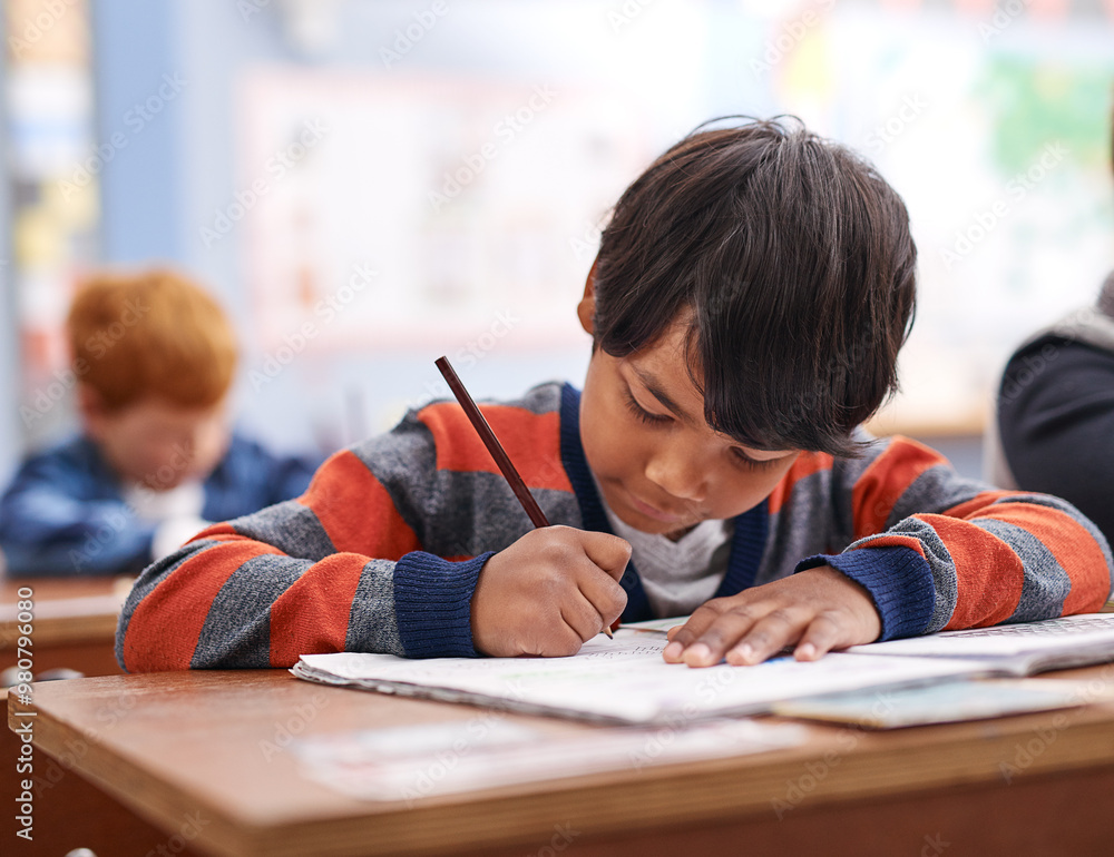 Poster Pencil, writing and boy in classroom for lesson in growth, child development and notebook for education. Problem solving, learning and students with exam notes, math and study at elementary school