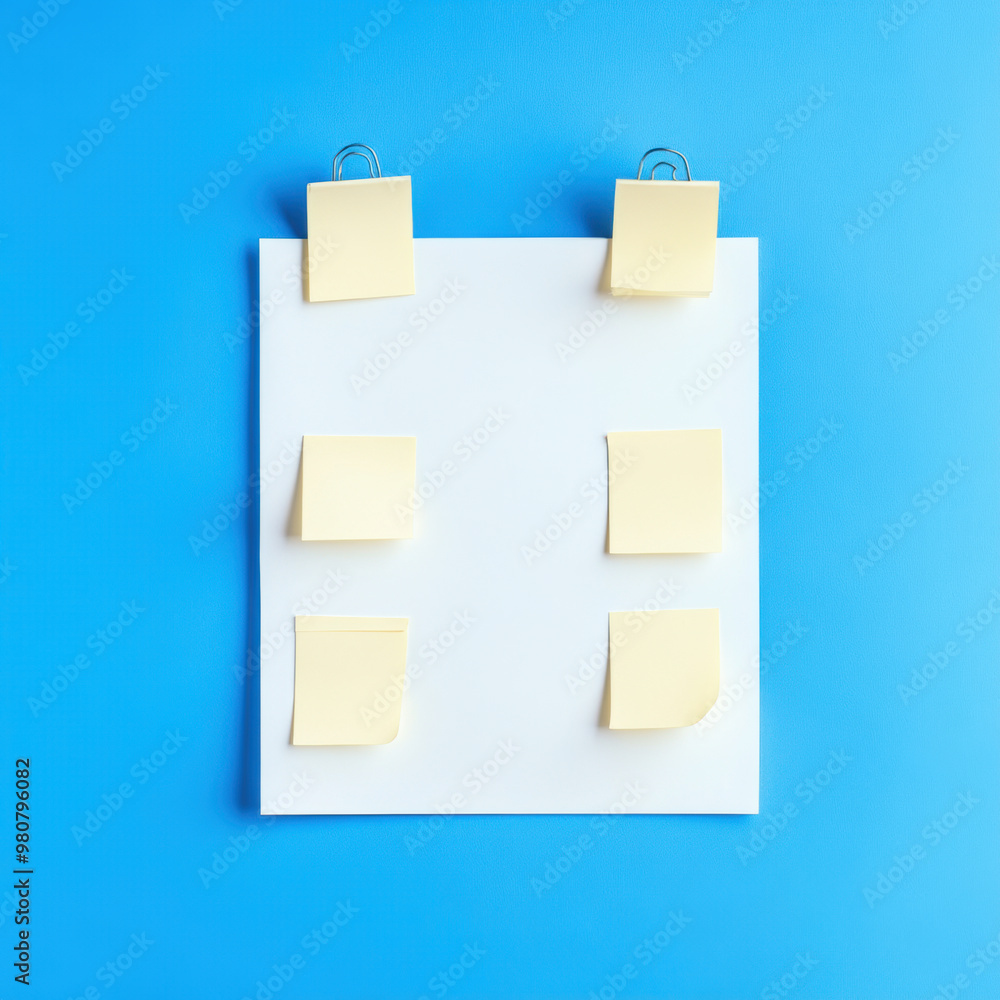 Poster a blank sheet of paper is displayed against blue background, featuring several yellow sticky notes a