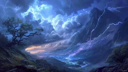 Stormy Mountain Valley with Tree Silhouette, Digital Painting, Mountain Range, Lightning, Landscape, storm, digital art