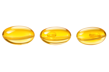 Levitation of three soft gelatin capsules isolated on transparent background.