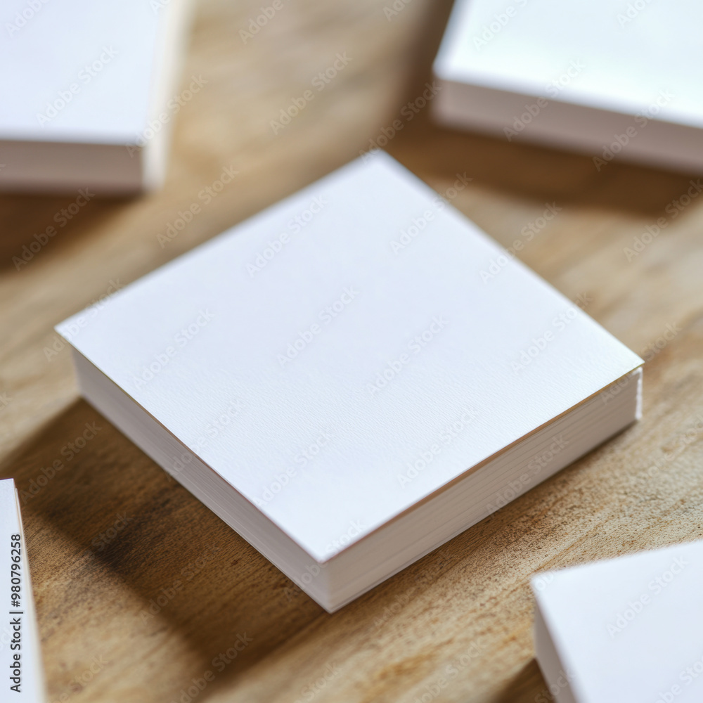Poster minimalistic white square notepads stacked on wooden surface create clean and organized workspace. p