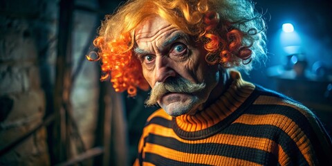 A sinister, older man in a worn, orange wig and fake mustache, wearing a faded orange and black