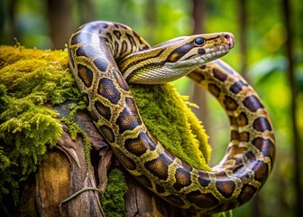 Naklejka premium A sinister Burmese python constrictor wraps its scaly body around a moss-covered tree trunk, squeezing tight in a