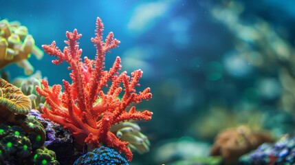 Vibrant Red Coral Branch in Underwater Paradise, coral reef, underwater world, marine life, sea life