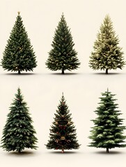 Fototapeta premium Assortment of Six Diverse Christmas Trees on Plain White Background