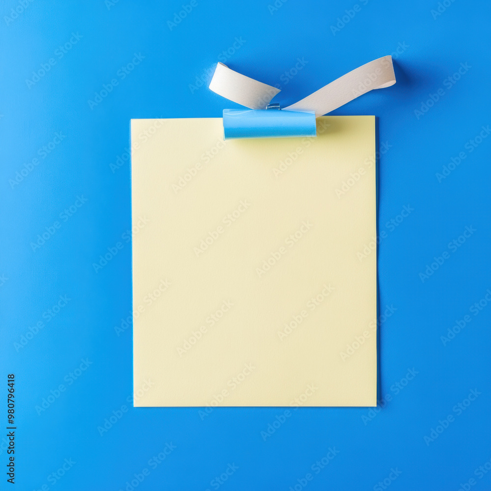 Poster a blank yellow note paper is attached to vibrant blue background with adhesive tape, creating clean 