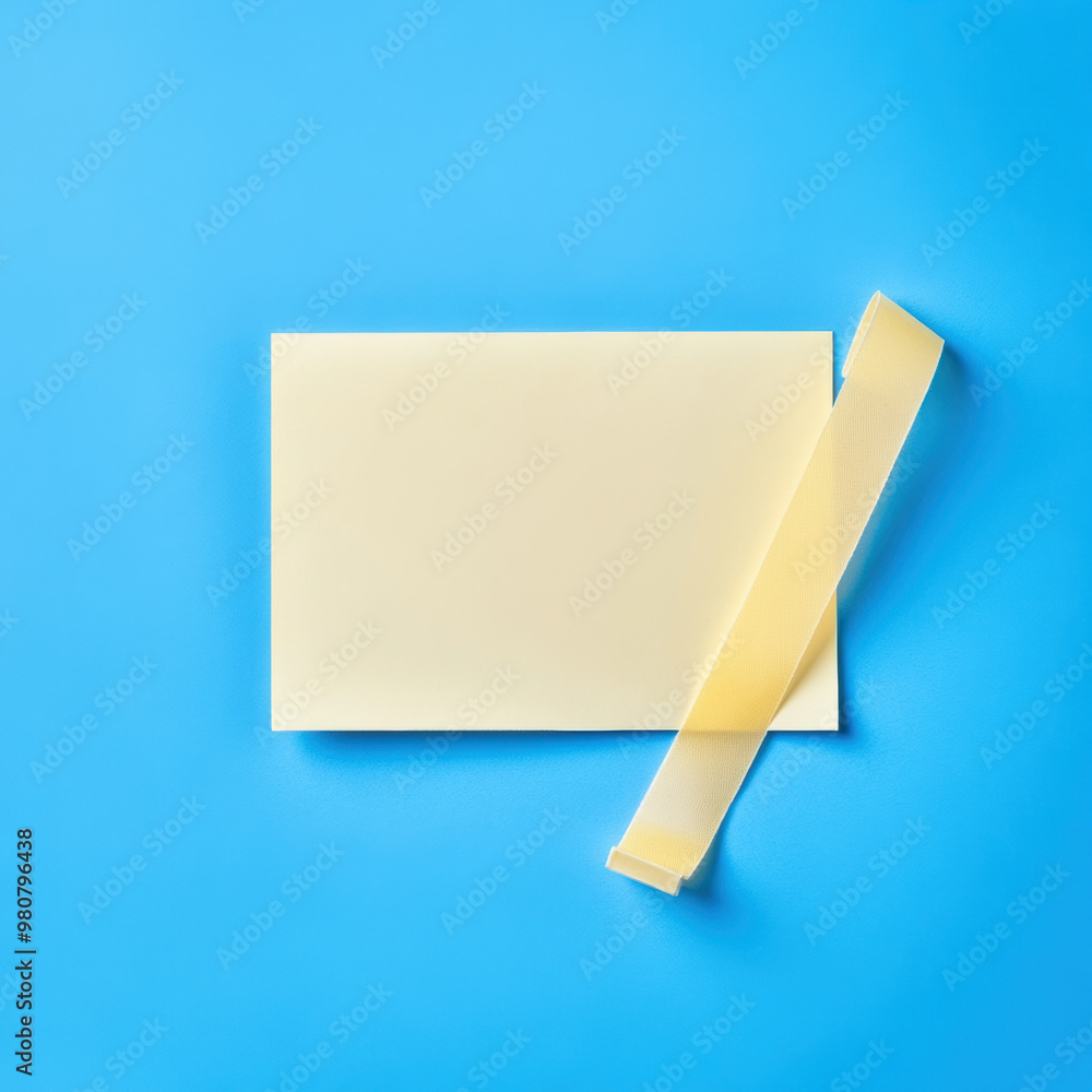 Poster a blank adhesive label and tape on vibrant blue background create clean and organized workspace. per