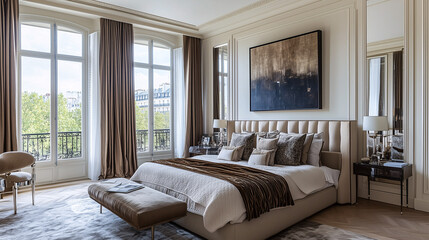 A sophisticated Parisian-style bedroom with high-end textiles, antique furniture, herringbone wood flooring, and a bold statement piece of modern art above the bed