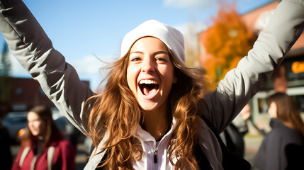Happy person with arms raised