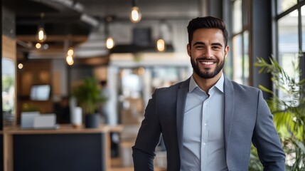 Confident Businessman in Formal Attire Smiles at Office Desk